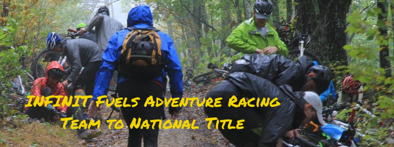 Hiking team on a trail, text "INFINIT Fuels Adventure Racing Team to National Title"