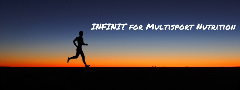 Man Rrunning at dusk, text "INFINIT for Multisport Nutrition"