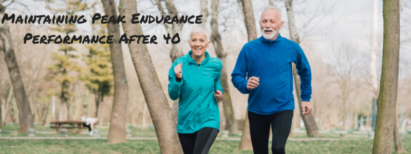 Older people running through the woods, text "Maintaining Peak Endurance Performance After 40"