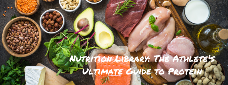 Sources of protein like meat and nuts on table, text "Nutrition Library: The Athlete's Ultimate Guide to Protein"