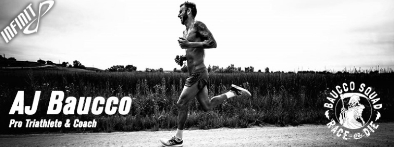 AJ Baucco Running, text "AJ Baucco Pro Triathlete and Coach"