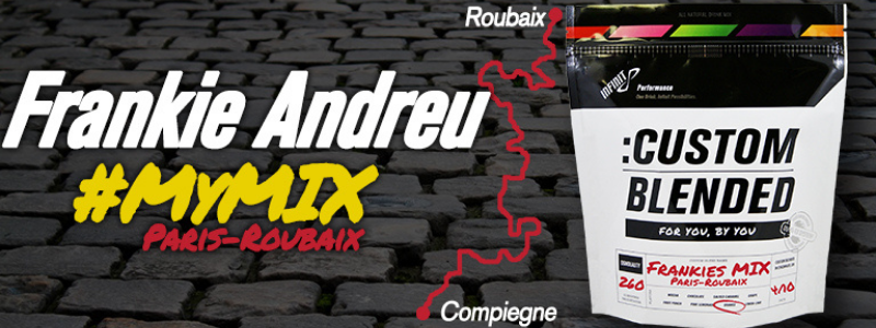 Map of Paris-Roubaix bike ride route and INFINIT Custum Bag, text "Frankie Andreu #MyMix Paris-Roubiax"
