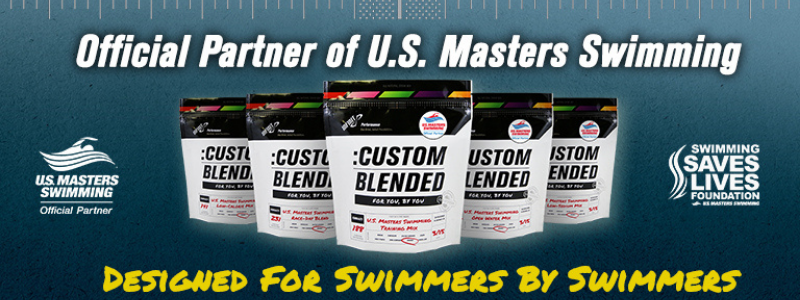 5 INFINIT US Masters specific mix bags lined up, text "Official Partner of U.S. Masters Swimming. Designed for Swimming by Swimers"
