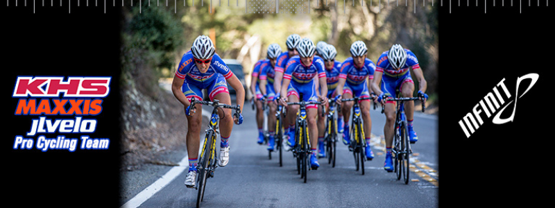 Cycling team racing, text "KHS Maxxis JLVelo Cycling team. INFINIT Nutrition" 