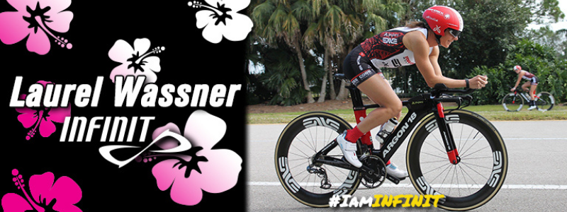 Laurel Wassner riding on bike, text "Laurel Wassner, INFINIT" background pink flowers