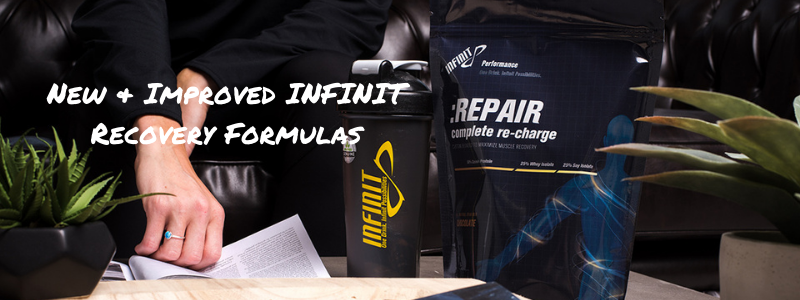 Bag of INFINIT Repair and Blender bottle, text "New & Improved INFINIT Recovery Formulas"
