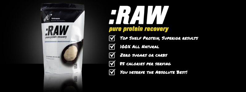 Bag of raw nutrition, text "Raw- Top Shelf Protein, 100% natural, zero carbs or sugar, 85 calories, you deserve the best!"