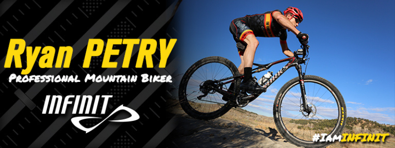 Ryan Petry on a bike, text "Ryan Petry Professional Mountain Biker"