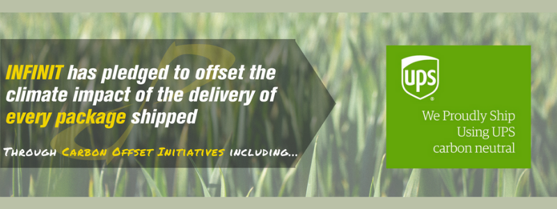 Grass in a field, text "INFINIT has pledged to offset the climate impact of the delivery of every package shipped Through carbon initiatives  including UPS carbon neutral shipping"