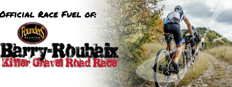athlete riding bike up grassy hill, text "Official Race Fuel of the Founders Barry-Roubaix Killer gravel road race"