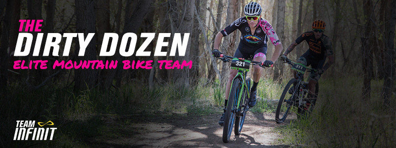 Dirty Dozen rider through the woods, text "The Dirty Dozen Elite Mountain Bike Team"