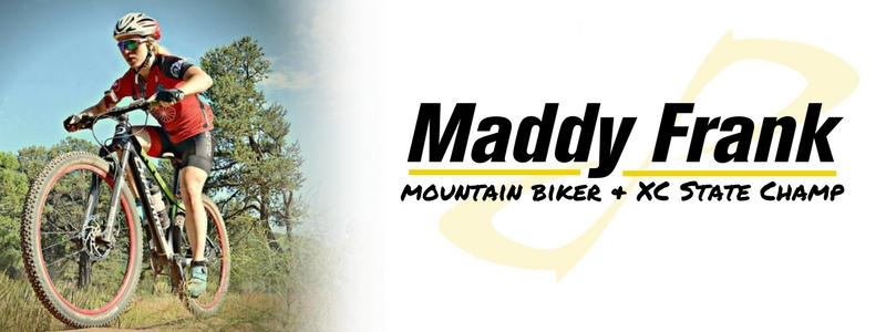 Maddy Frank on Mountain bike, text on right "Maddy Frank Mountain Biker and XC state champ"