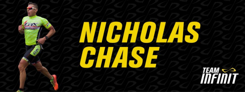 Nick Chase running with a black background, large yellow text "Nicholas Chase," INFINIT Loop logo bottom right corner.