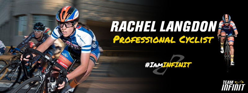 Rachel Langdon on bike, text "Rachel Langdon, Professional Cycle"