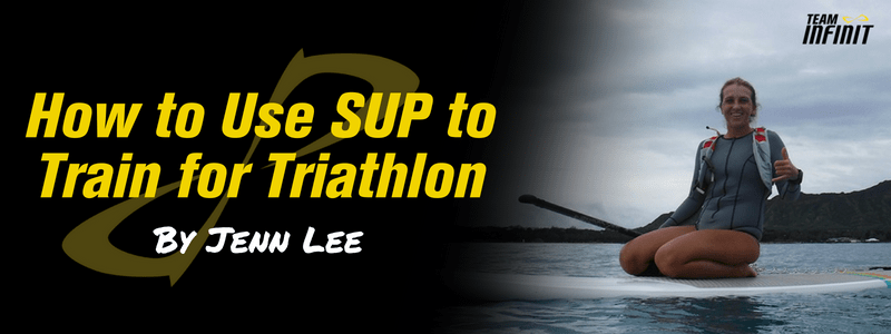 Jenn Lee sitting on a paddleboard, text on left "How to use SIP to Train for Triathlon"