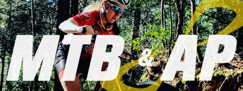 Maddy Frank on mountain Bike, text "MTB and AP"