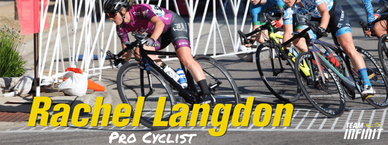 Rachel Langdon on a bike, text "Rachel Landon, pro cyclist"