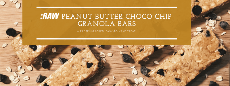RAW Peanut butter Bars on a table, text "Raw Peanut Butter Choco Chip Granola Bars"