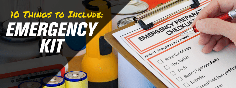 Checklist with important items, text offset to the left "10 things to include emergency kit"