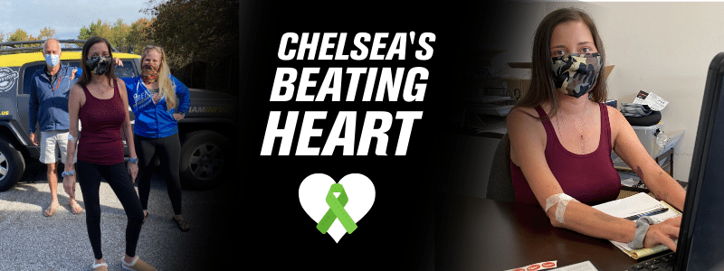 Chealsea on the left with Michael and Laura, on the right alone at her desk, text in the middle "chelsea's beating heart"