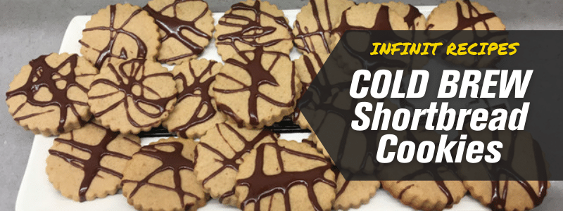 Cold Brew Shortbread Cookies on a plate, text "INFINIT Recipes: Cold Brew Shortbread Cookies"