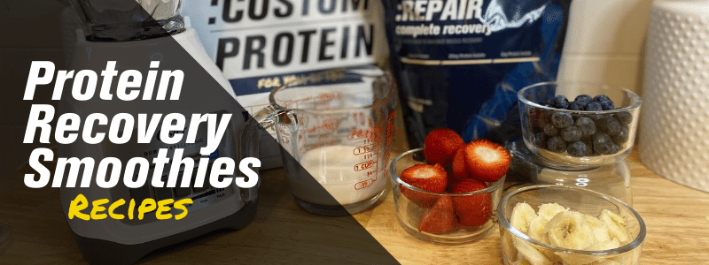 INFINIT custom protein and Repair bags, next to glass jars of stawberrys, blueberrys, anad bananas