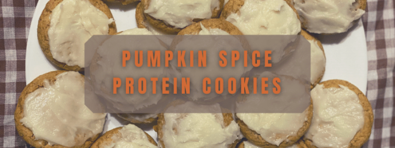 Cookies on a plate, text "Pumpkin spice protein cookies"