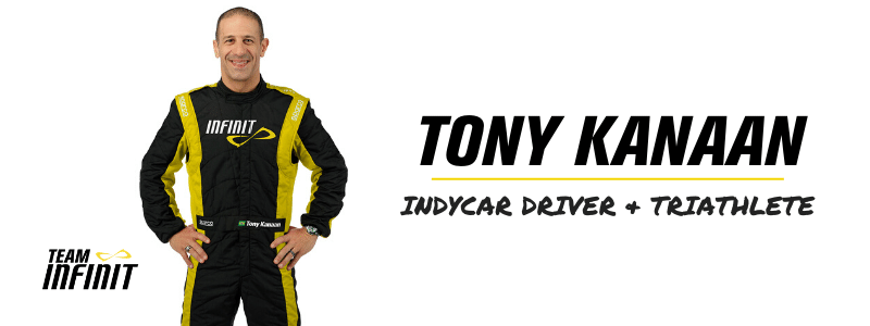 Tony Kanaan posing, text "Tony Kanaan INDYcar Driver + Triathlete"