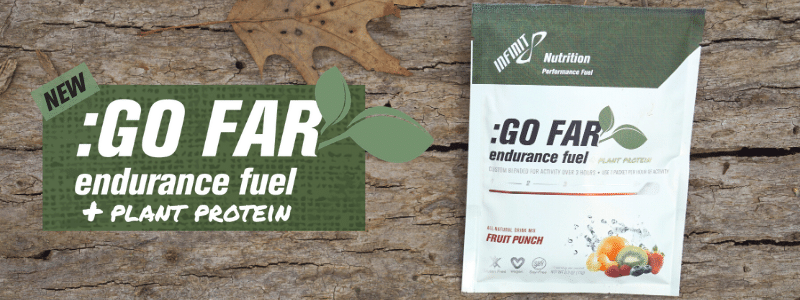 Single package of INFINIT Go Far, text "New Go Far Endurance Fuel + Plant Protein"
