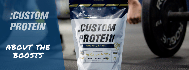 Custom protein bag in front of a barbell with a weight on it, text "Custom Protein, about the boosts"