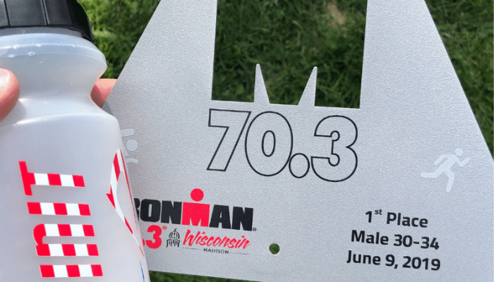 Ironman 70.3 finishers medal and water bottle