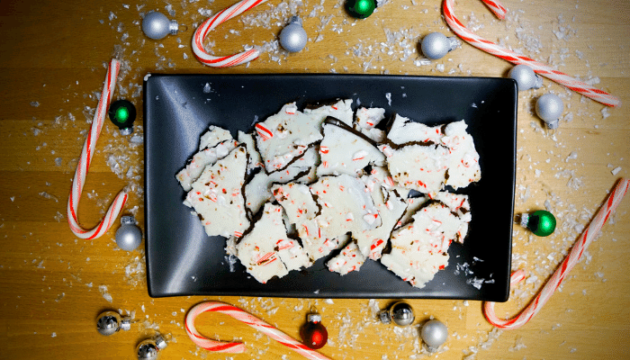Peppermint Mocha Bark on a black plate from above