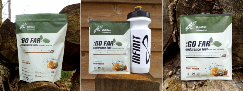 3 Packages of INFINIT Go Far Plant Protein, with an INFINIT water bottle
