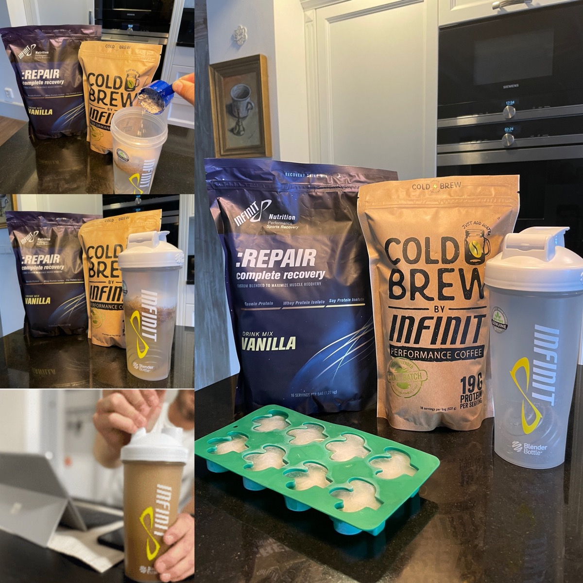 Collage of the process of Mixing cold brew recovery rrefreshers